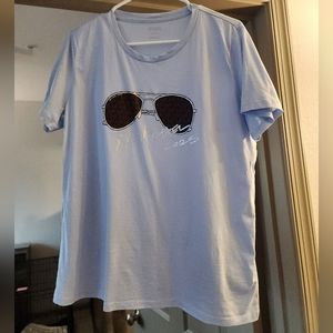 MICHAEL Michael Kors Women's XL Baby Blue T-shirt with Aviator Sunglasses Design